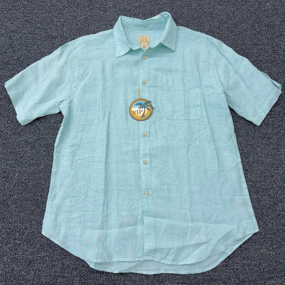 Jos. A. Bank Shirt Mens L  Blue/Green 100% Linen Short Sleeve Button Up Casual